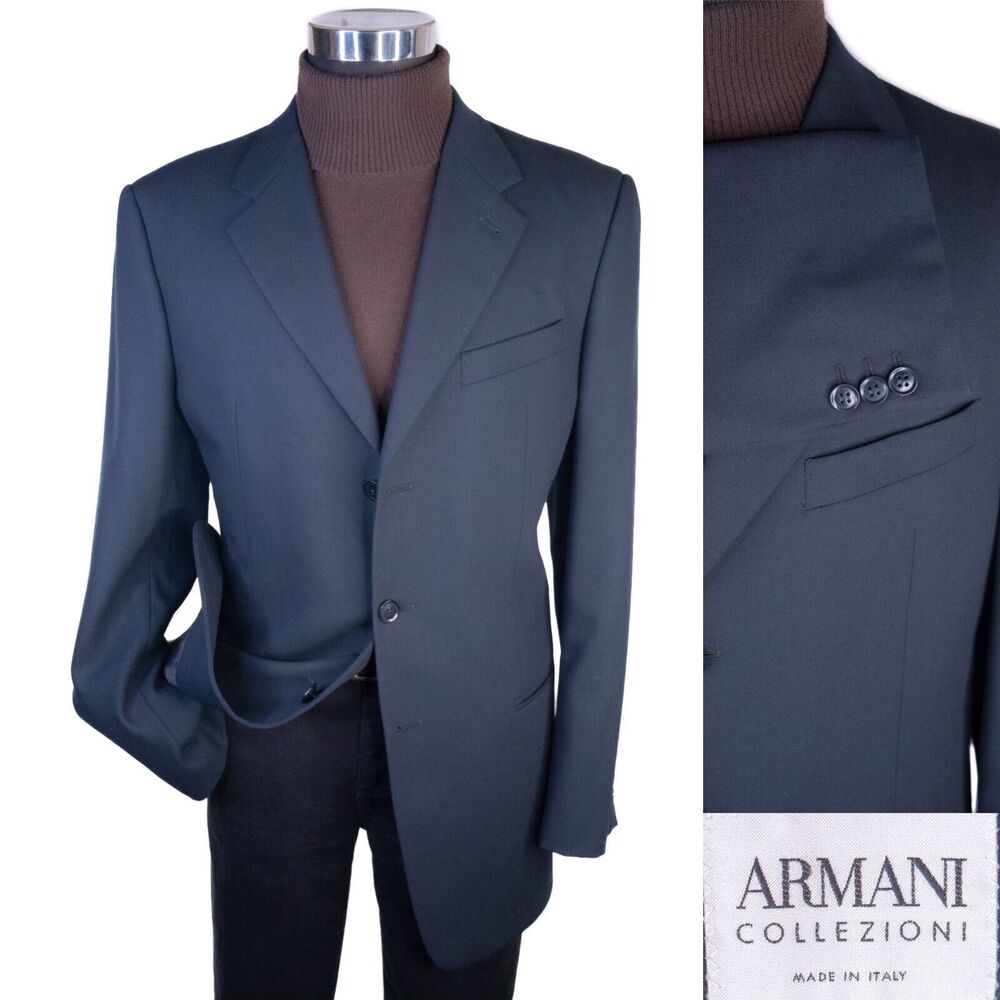 Armani Collezioni Navy Blue Sport Coat Suit Jacket Blazer Wool Sz 42L 3-Button